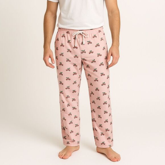 J.Crew Men's Pink Christmas Tree Truck Pajama Pants L Flannel Drawstring Waist - Picture 1 of 8